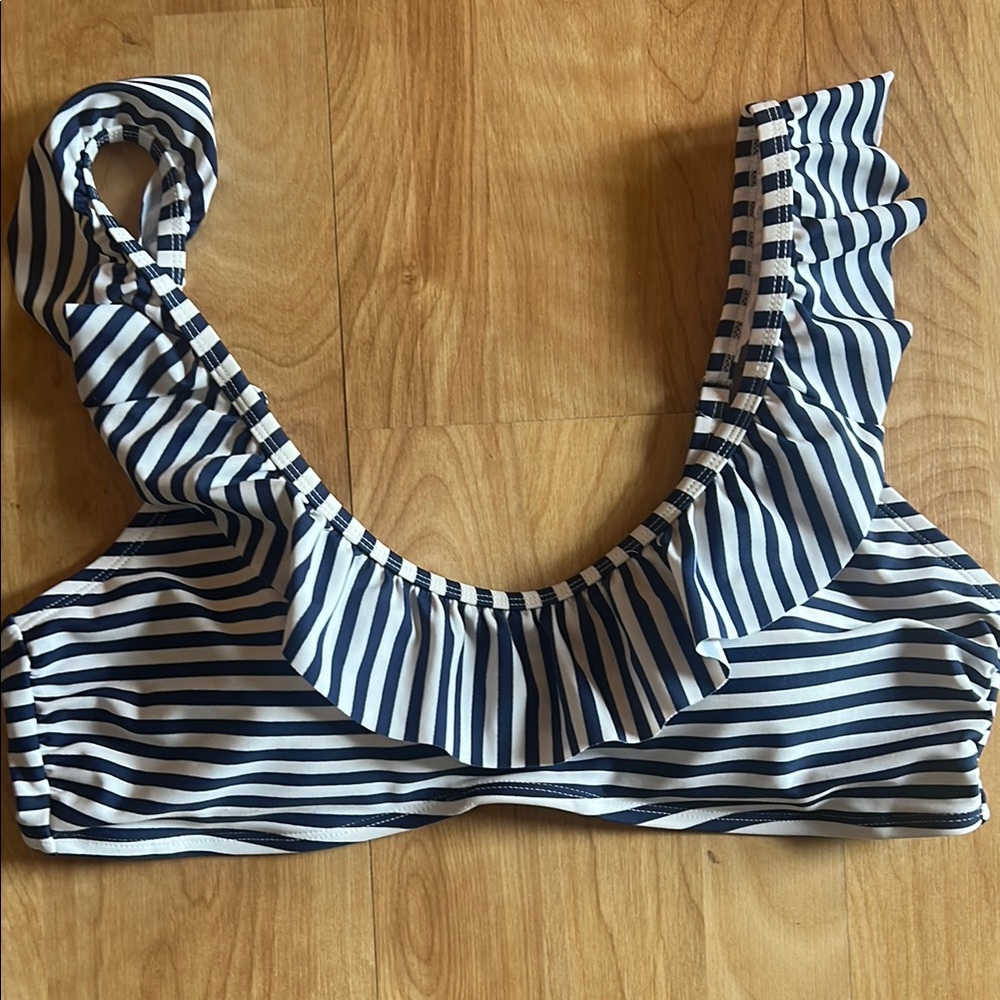 Vineyard Vines Swimsuit Bikini Top Size Large Navy Blue White Stripes Ruffles